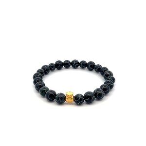 24K Gold Money Bag Charm Bracelet Gemstones Natural Black Carved Jade 8mm S 6.5"